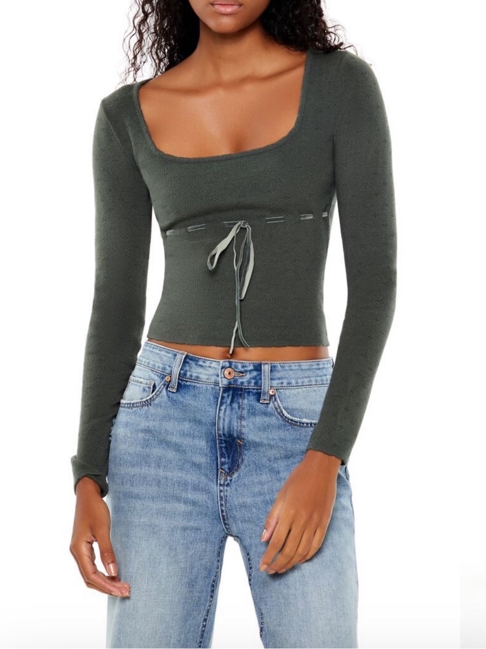 Fitted Olive Green Scoop Neck Long Sleeve Top